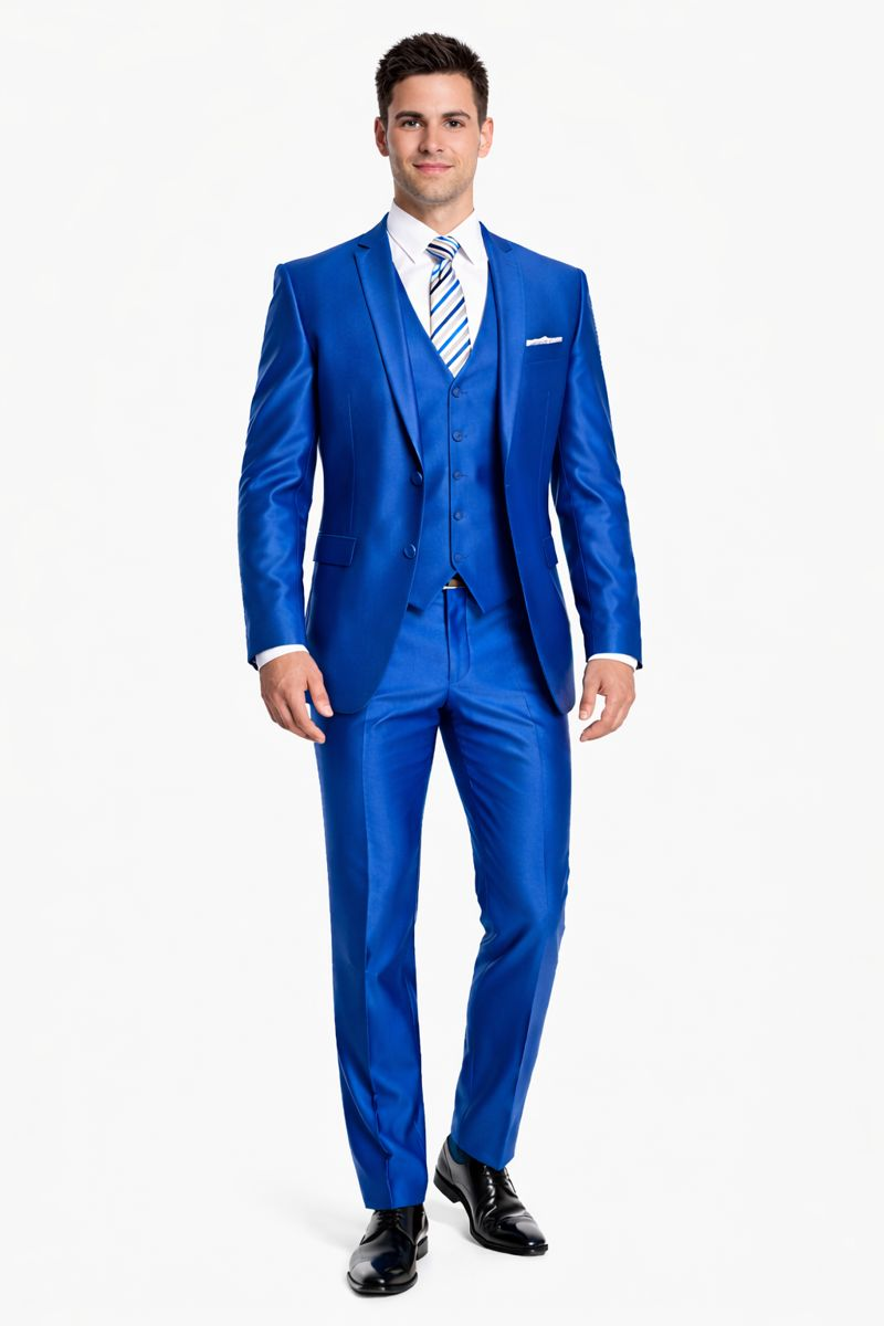 "Royal Blue Men's Sharkskin Wedding Suit - Two Button Vested Prom 2026 Fashion"