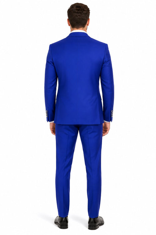 Men's Royal Blue Statement Ticket Pocket Peak Lapel Wool Double Breasted Vest Suit with Silver Buttons – Modern Fit