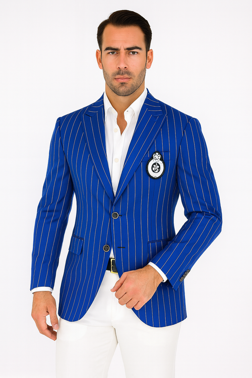 Royal Blue Pinstripe Blazer With White Pants - Suit Party Blazer - New Arrival