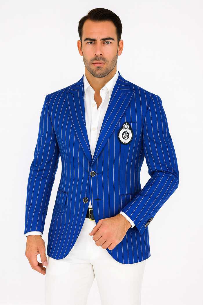 Royal Blue Pinstripe Blazer With White Pants - Suit Party Blazer - New Arrival