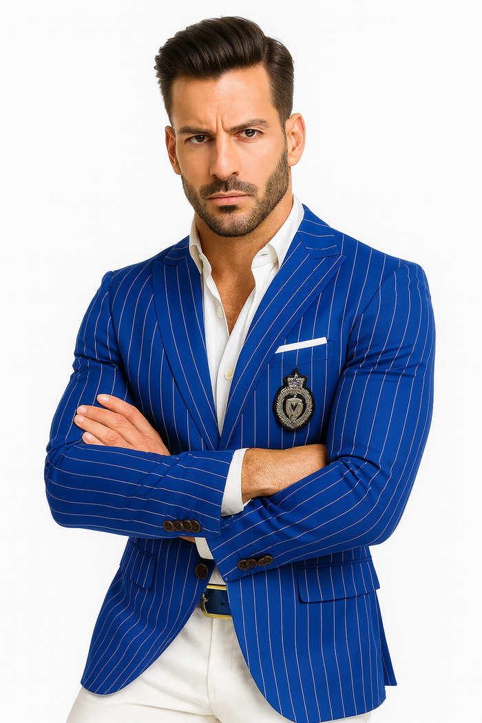 Royal Blue Pinstripe Blazer With White Pants - Suit Party Blazer - New Arrival