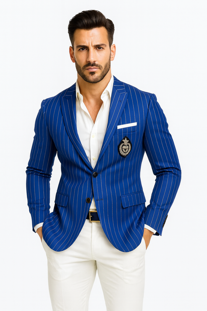 Royal Blue Pinstripe Blazer With White Pants - Suit Party Blazer - New Arrival