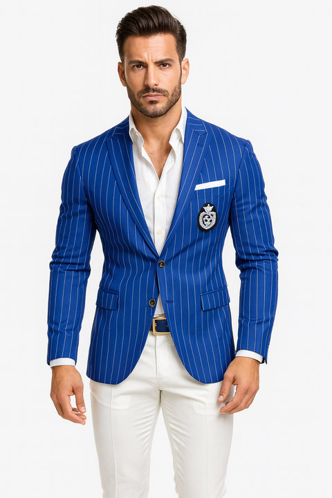 Royal Blue Pinstripe Blazer With White Pants - Suit Party Blazer - New Arrival