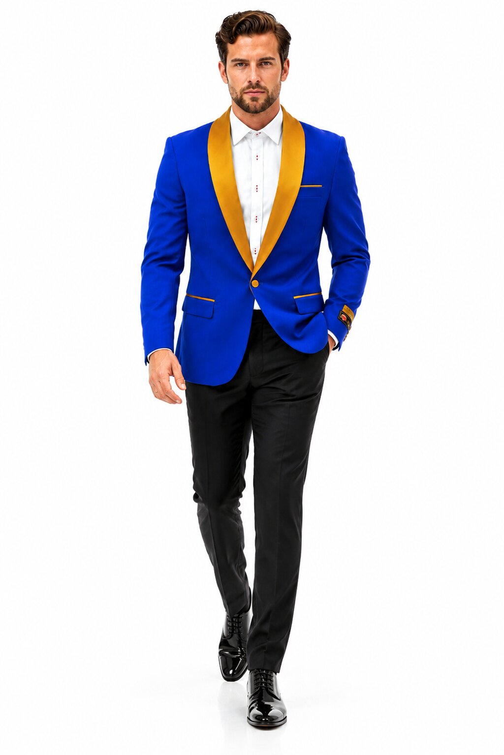 Mens Royal Blue Prom 2026 Tuxedo - Mens One Button Contrast Shawl Collar Dinner Jacket Royal Blue & Gold - 52 Long