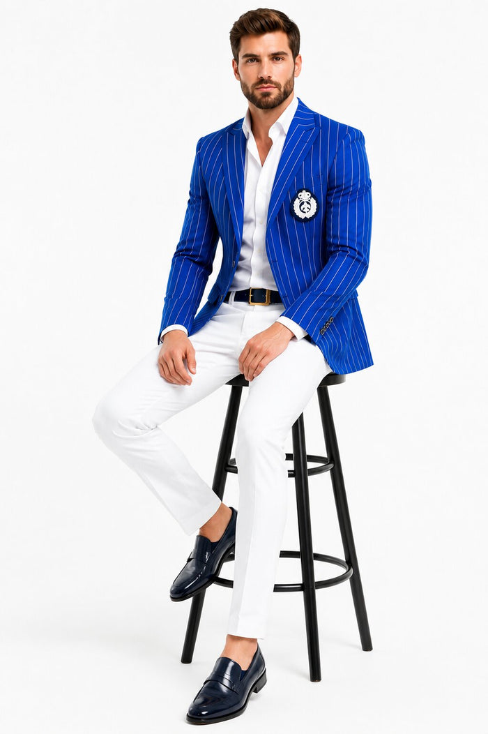 Royal Blue Pinstripe Blazer With White Pants - Suit Party Blazer