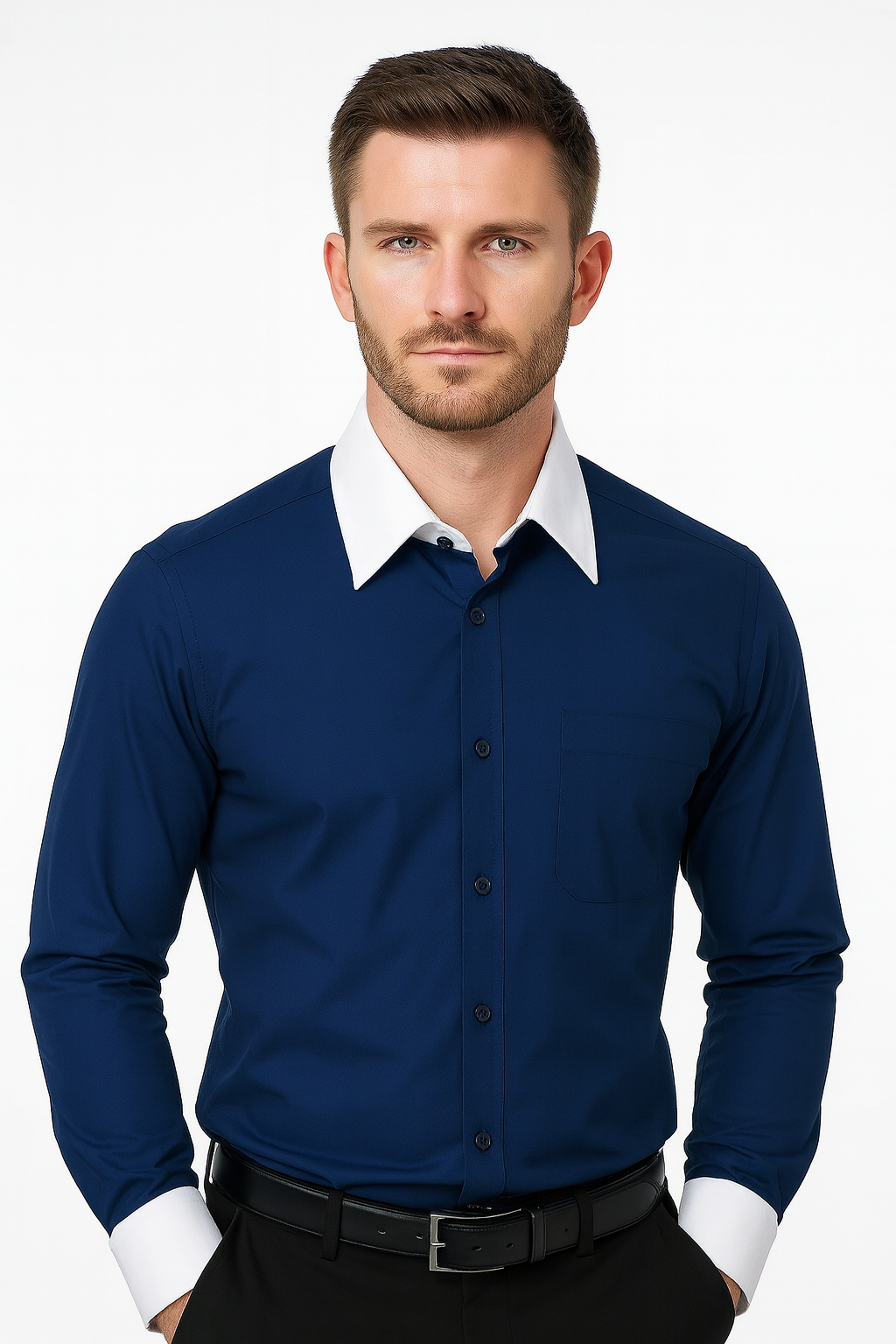 Classic Stylish Fashionable -White Collar Two Toned Contrast white collars Multi-color Men's Dress Shirt - Medium 15.5" Neck / 34-35" Sleeve