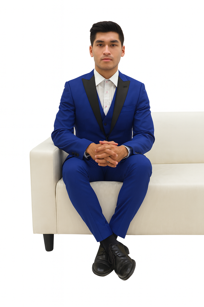 Mens Royal Blue Prom Tuxedo - Mens 2 Button Peak Lapel Vested Prom Tuxedo in Royal Blue