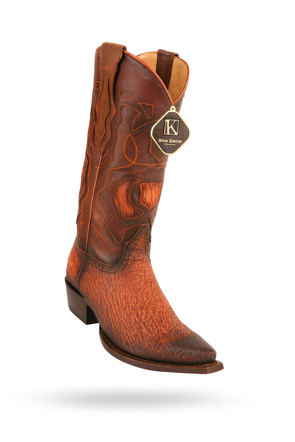 Men's King Exotic Snip Toe Sharkskin Boots Handcrafted Burnished Cognac (494RD0903) - 6 E