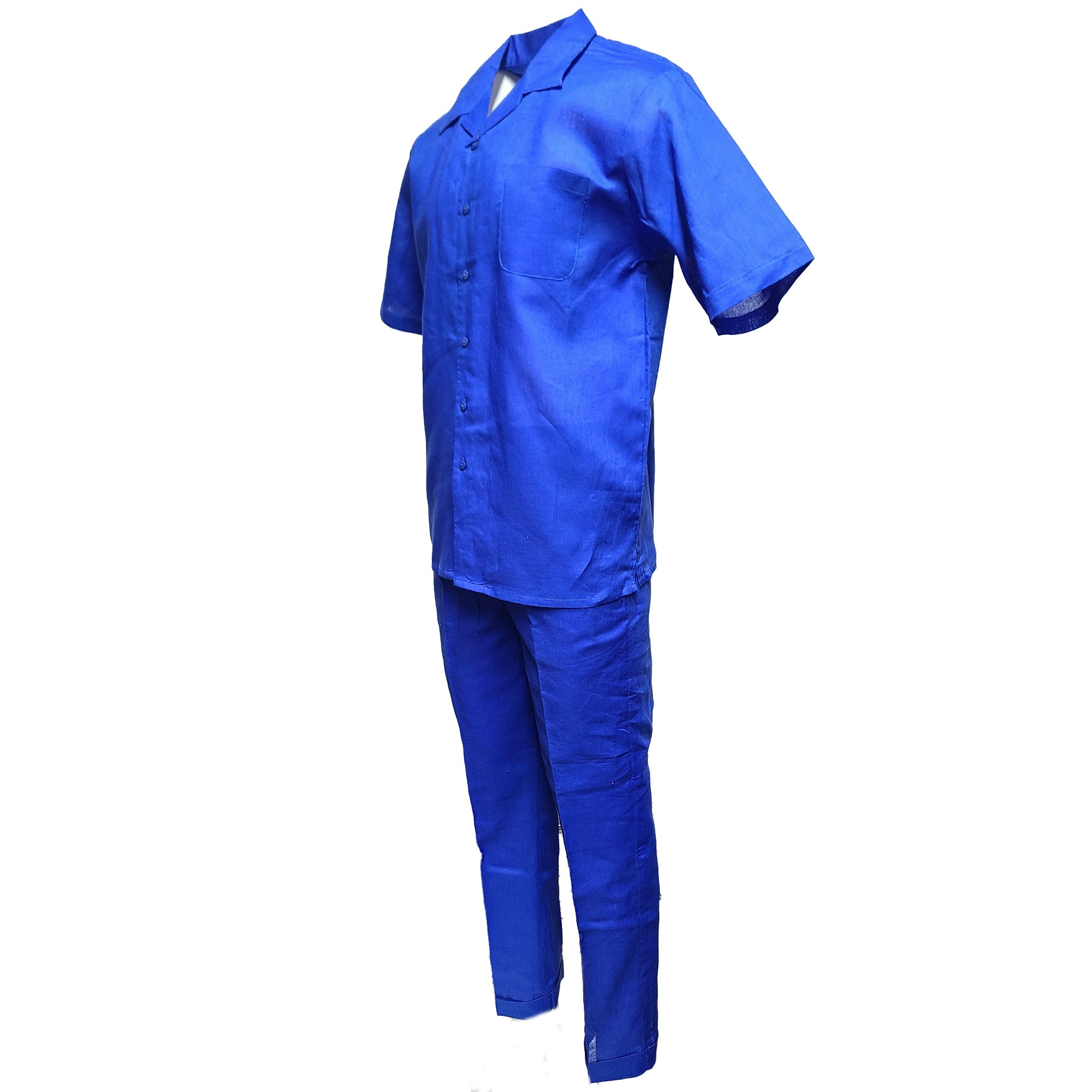 Mens Royal Blue Linen Shirt and Pants Casual Outfit Set - Small