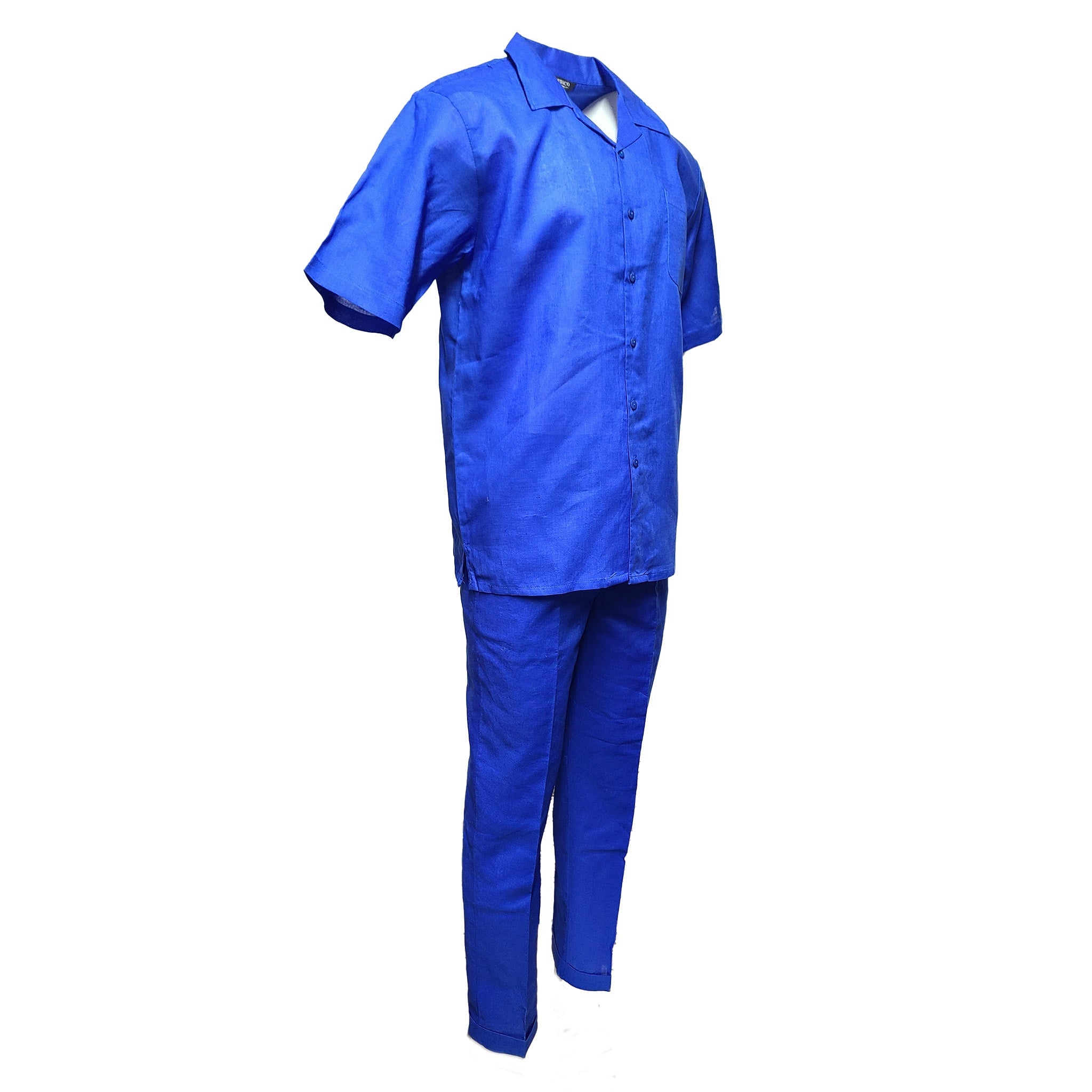 Mens Royal Blue Linen Shirt and Pants Casual Outfit Set - Small