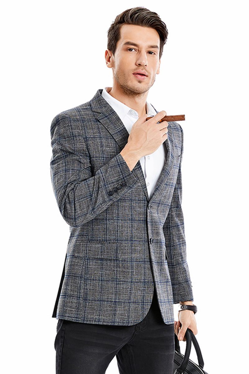 "Glen Plaid Men's Slim Fit Sport Coat Blazer - Charcoal Grey Two Button" - X-Small