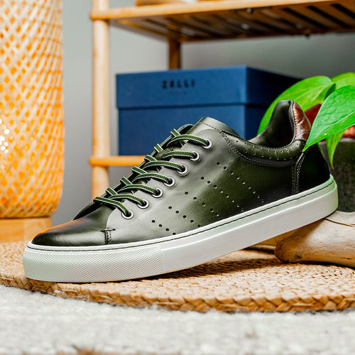 Zelli Russo Burnished Calfskin and Crocodile Luxury Sneakers in Olive