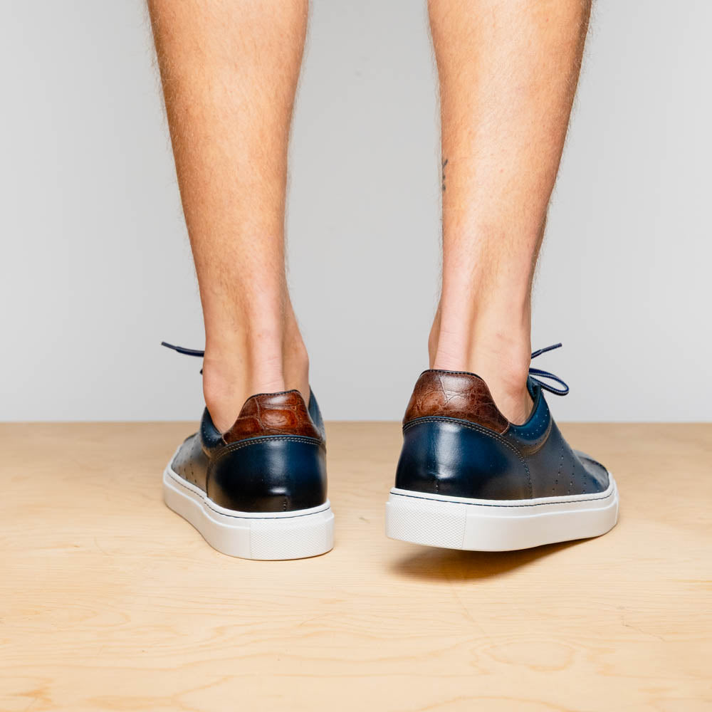 Zelli Russo Navy Calfskin and Crocodile Luxury Fashion Sneakers