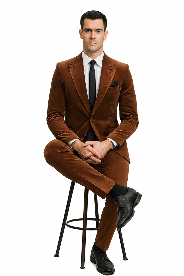 Mens Brown Velvet 2-Piece Suit Luxury Slim Fit Formal Blazer and Pants Set in Rust Copper Color