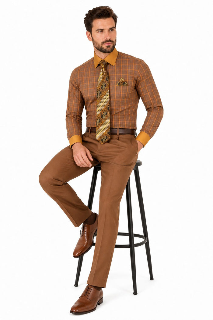 Mens Rust Tone on Tone Check Pattern Dress Shirt