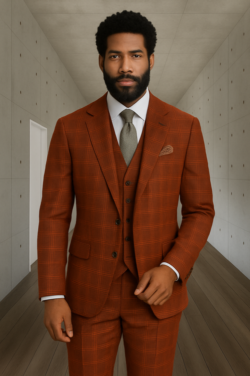 Modern Fit - Wool Suit - Italian Made Business Suit by Windowpane Texture Business Pattern Modern Fit Side Vented Men's 3 Piece 100% Wool Modern Fit Suit - Sharp Plaid Pattern