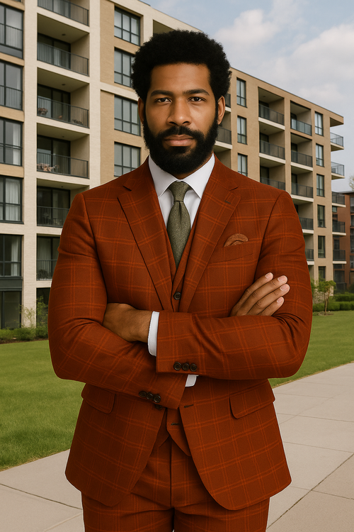 Modern Fit - Wool Suit - Italian Made Business Suit by Windowpane Texture Business Pattern Modern Fit Side Vented Men's 3 Piece 100% Wool Modern Fit Suit - Sharp Plaid Pattern