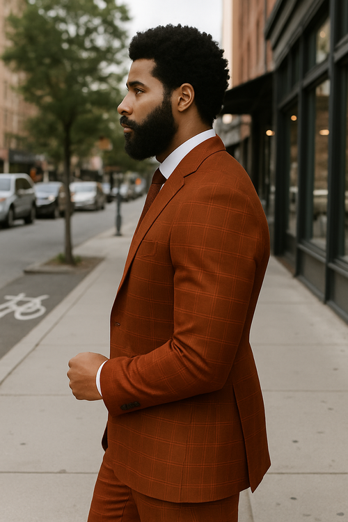 Modern Fit - Wool Suit - Italian Made Business Suit by Windowpane Texture Business Pattern Modern Fit Side Vented Men's 3 Piece 100% Wool Modern Fit Suit - Sharp Plaid Pattern