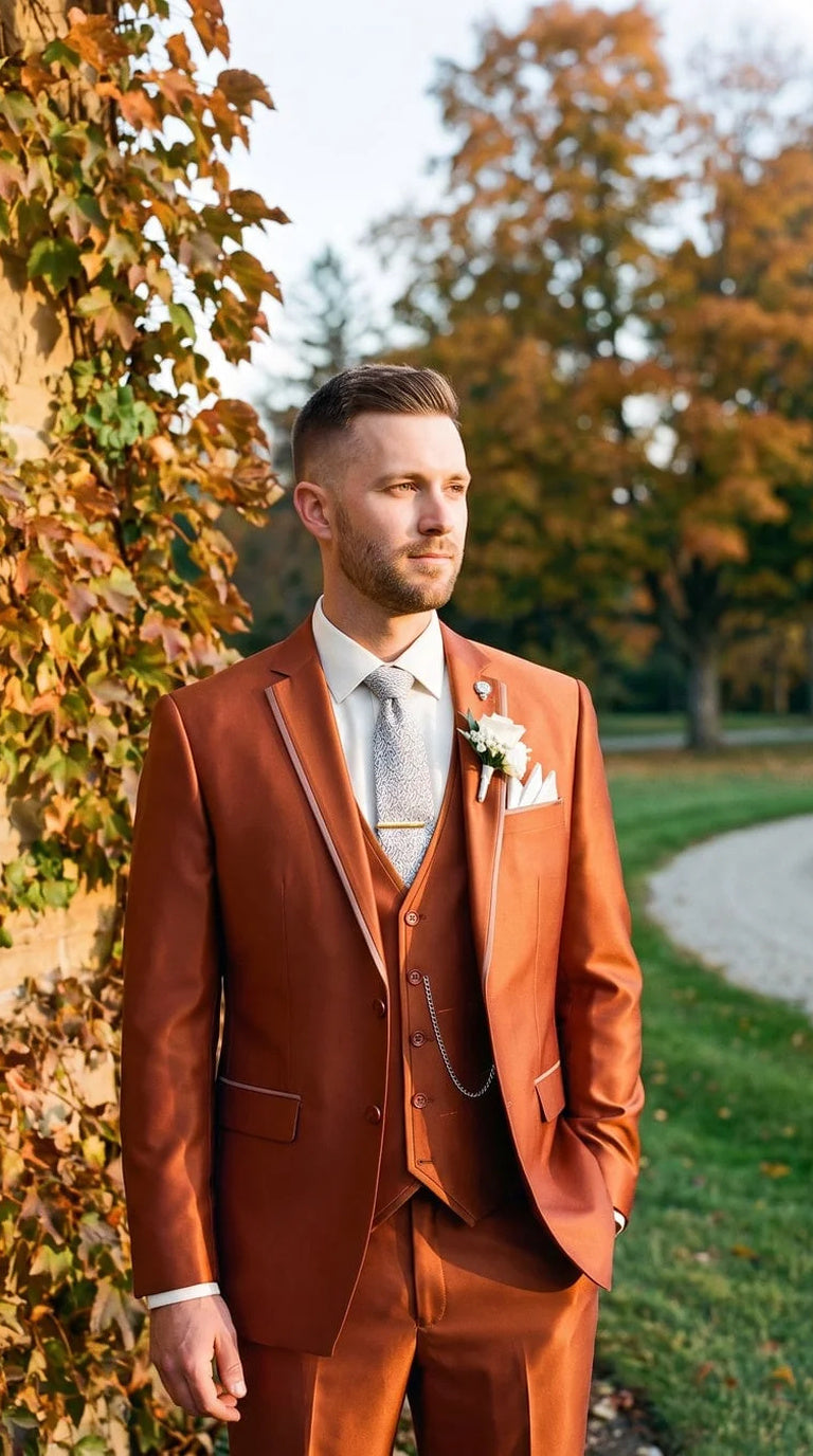 Mens Shiny Orange Rustic Vested Jacket + Pants Modern Fit