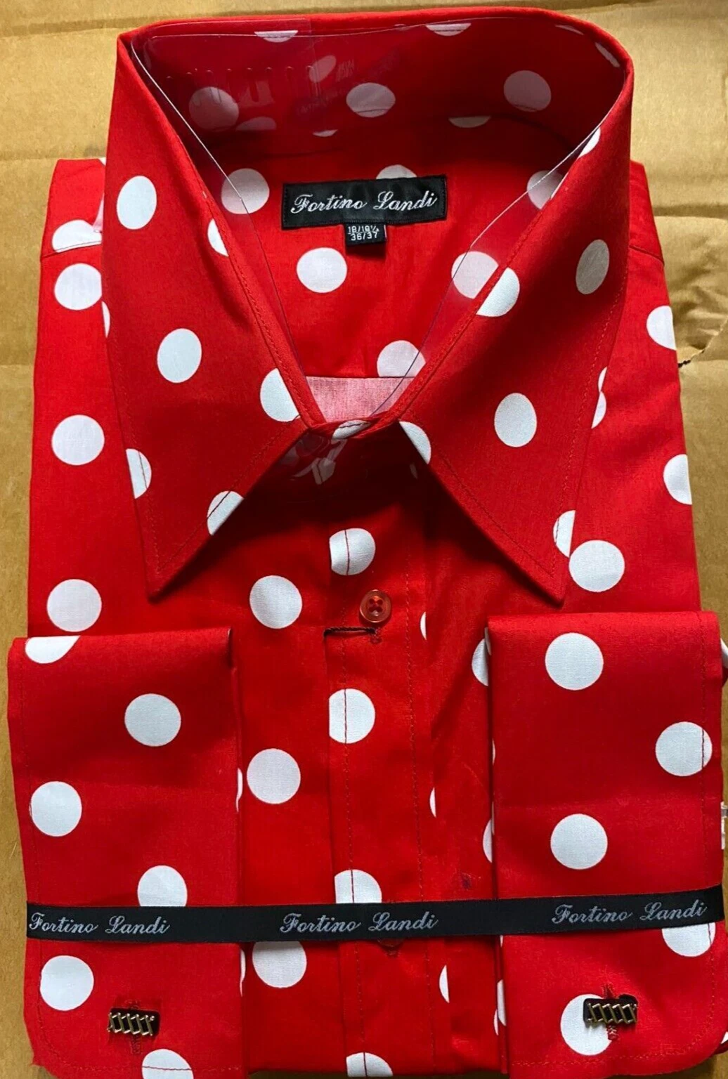 Mens Fashion Polka Dot Dress Shirt – Red White Cotton French Cuff Design - 15.5" Neck / 34–35" Sleeve