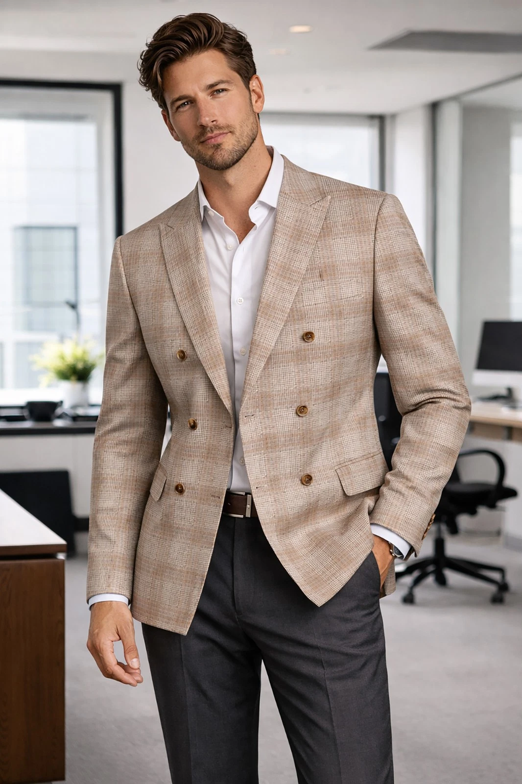 Men Regular-Fit Windowpane Blazer Jacket - 36 Short
