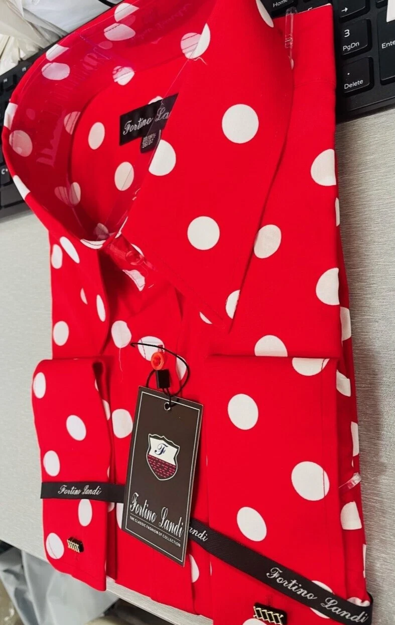 Mens Fashion Polka Dot Dress Shirt – Red White Cotton French Cuff Design - 15.5" Neck / 34–35" Sleeve