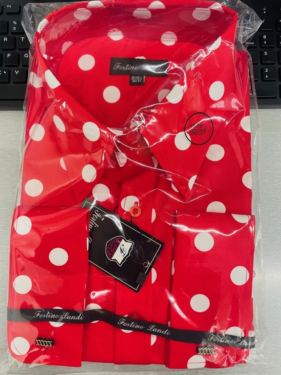 Mens Fashion Polka Dot Dress Shirt – Red White Cotton French Cuff Design - 15.5" Neck / 34–35" Sleeve