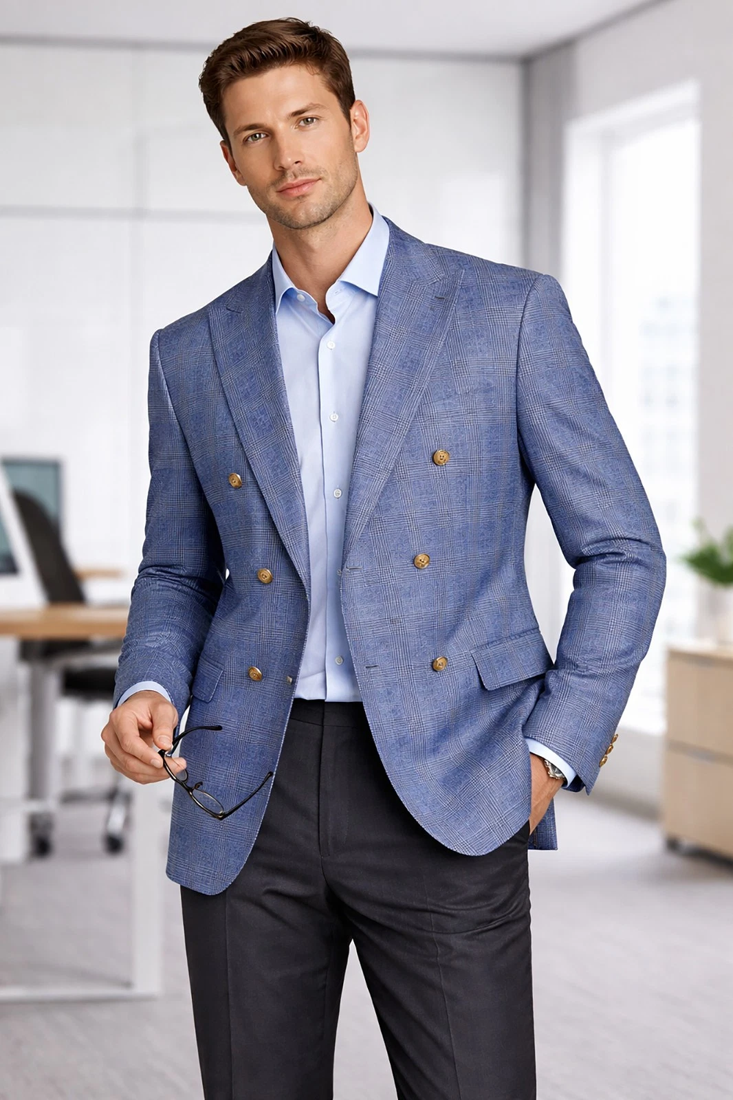 Men Regular-Fit Windowpane Blazer Jacket - 36 Short