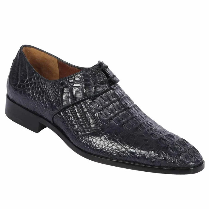 Mens Navy Genuine Crocodile and Calfskin Leather Slip-On Dress Shoes