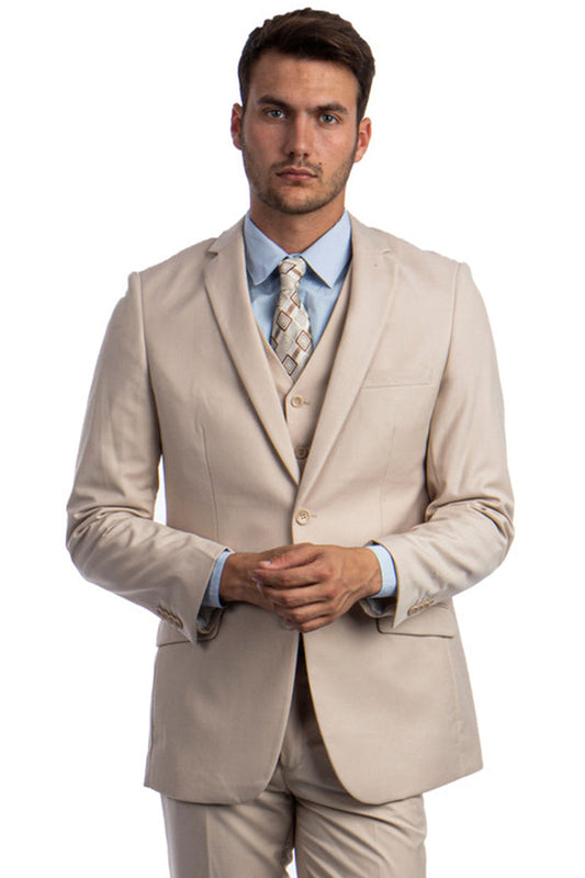 "Tan Hybrid Fit Vested Suit for Men - Two Button Basic"