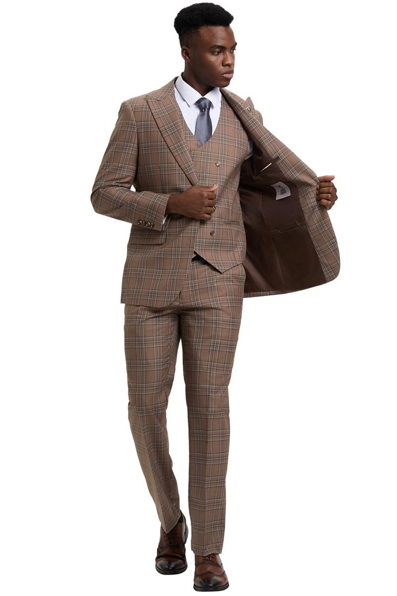 Men's Stacy Adams One Button Peak Lapel Double Breasted Vest Suit in Light Brown Plaid - 38 Regular