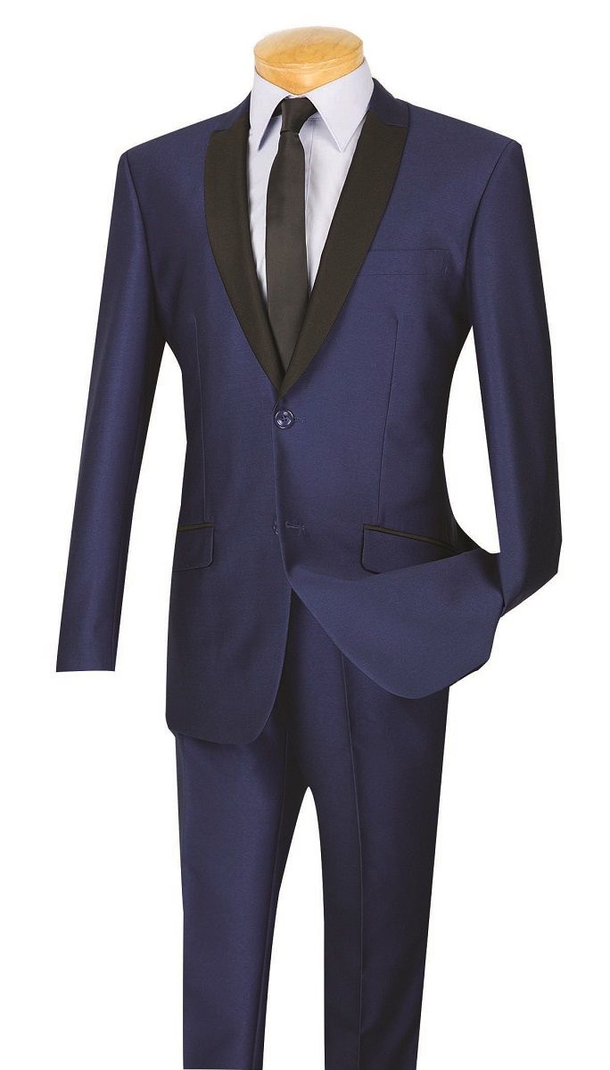 Vinci Men's 2 Piece Sharkskin Slim Fit Suit with Trimmed Shawl Collar