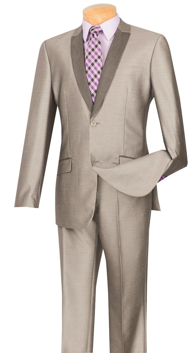 Vinci Men's 2 Piece Sharkskin Slim Fit Suit with Trimmed Shawl Collar