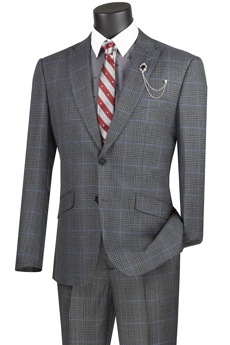 Vinci Men's 2 Piece Slim Fit Windowpane Suit Accent Design