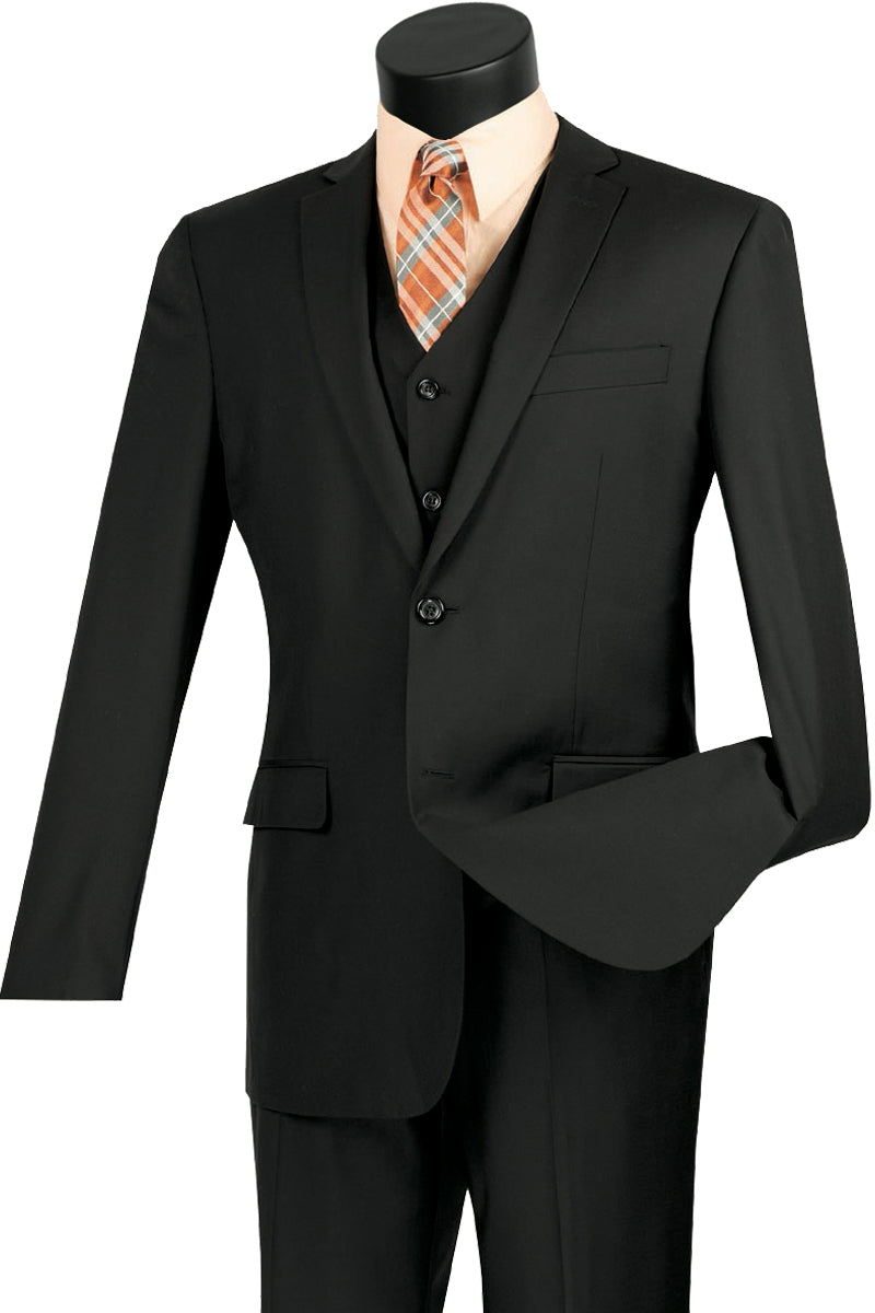 Mens Vested Slim Fit Wool Feel Suit in Black - 36 Short