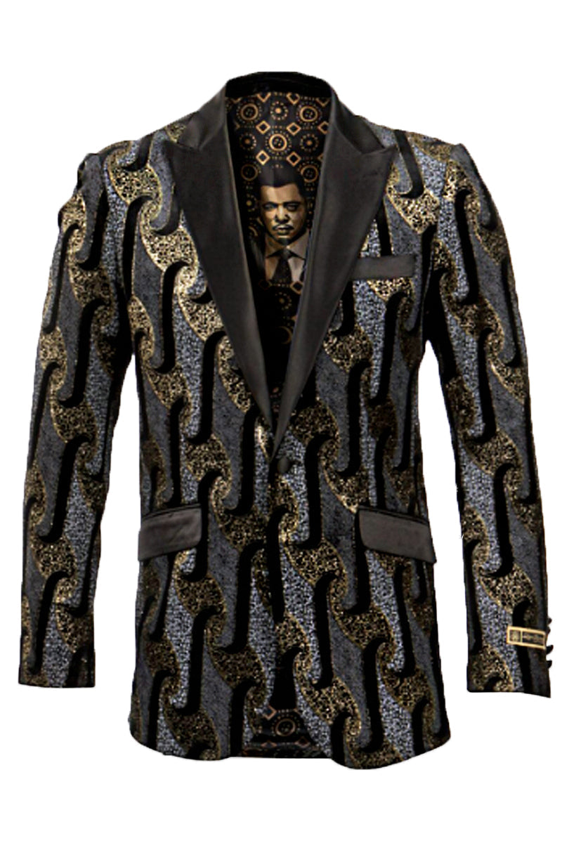"Designer Men's Tuxedo Jacket in Shiny Black, Silver & Gold Foil"