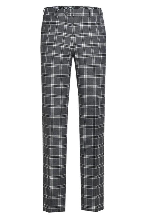 Mens Designer Slim Fit Peak Lapel Suit in Grey Windowpane Plaid