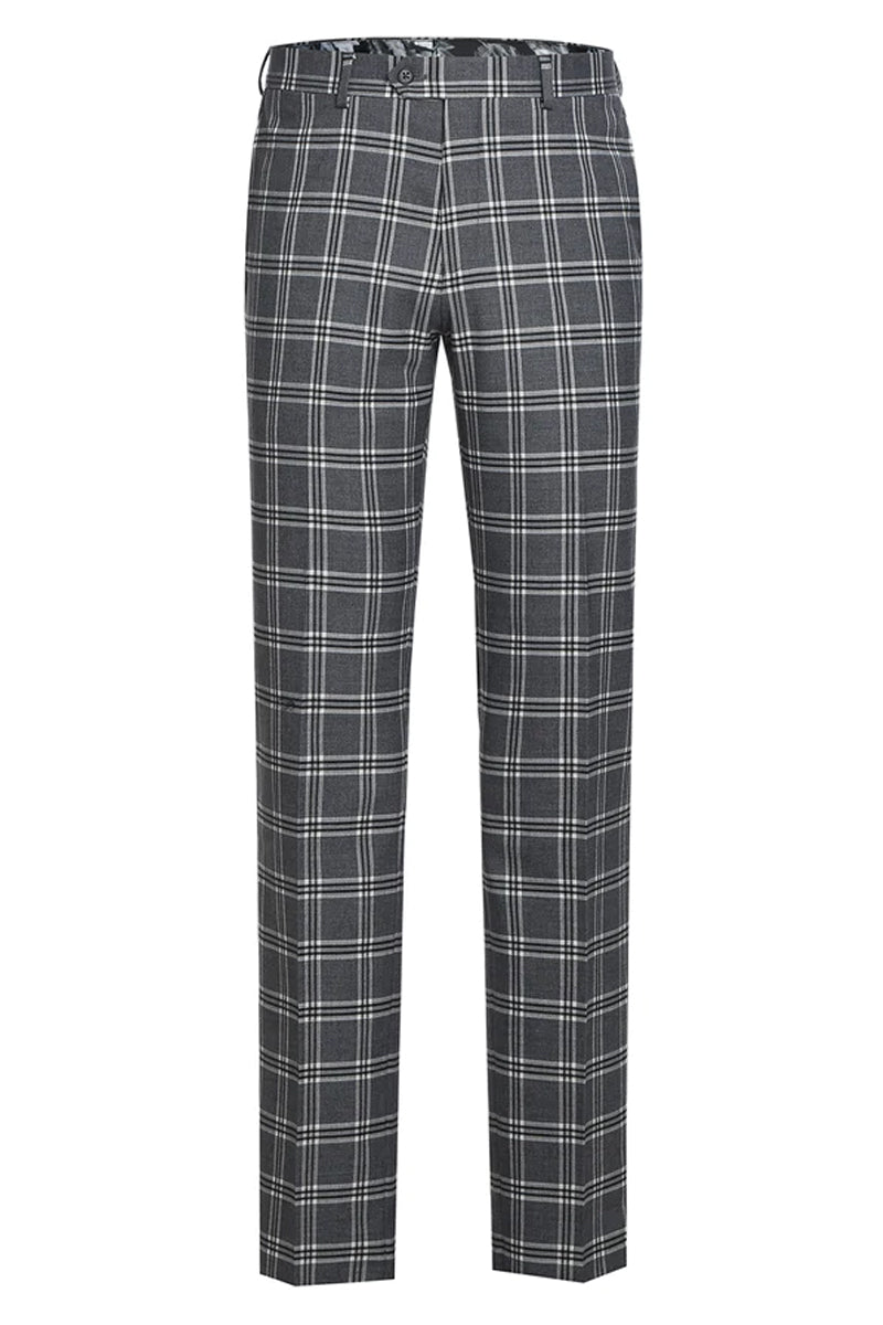 Mens Designer Slim Fit Peak Lapel Suit in Grey Windowpane Plaid - 36S