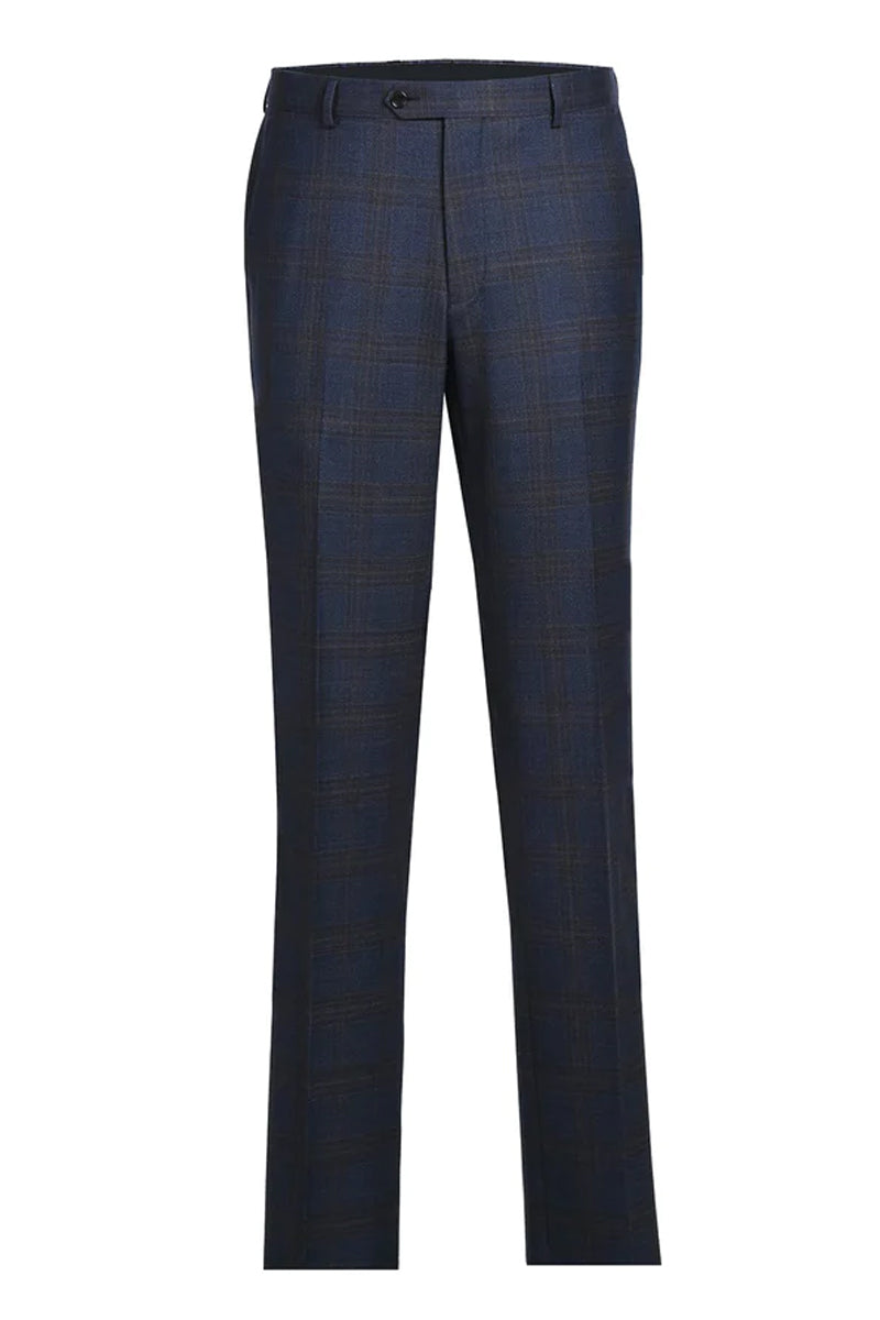 "Classic Fit Men's Wool Suit - Two Button Vested in Brown & Blue Windowpane Plaid" - 48 Short