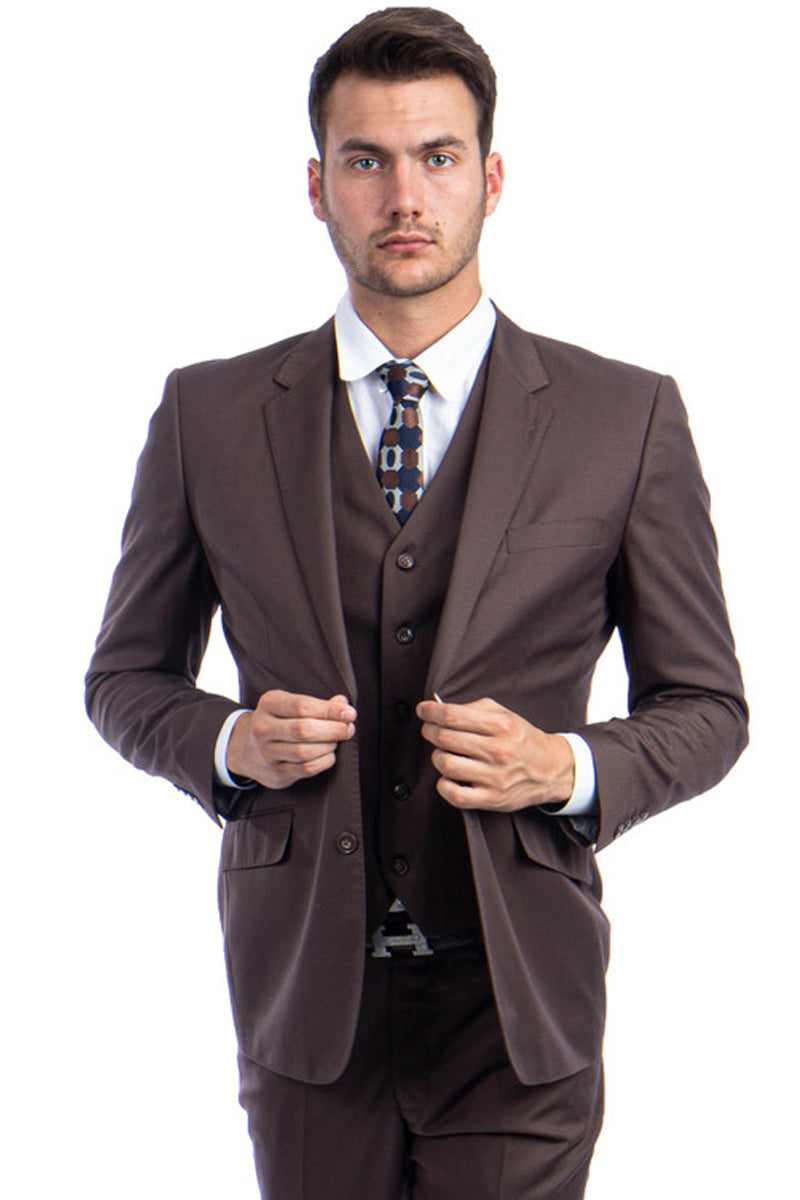 "Designer Men's Modern Fit Wool Suit - Two Button Vested in Cocoa Brown" - 34 Short