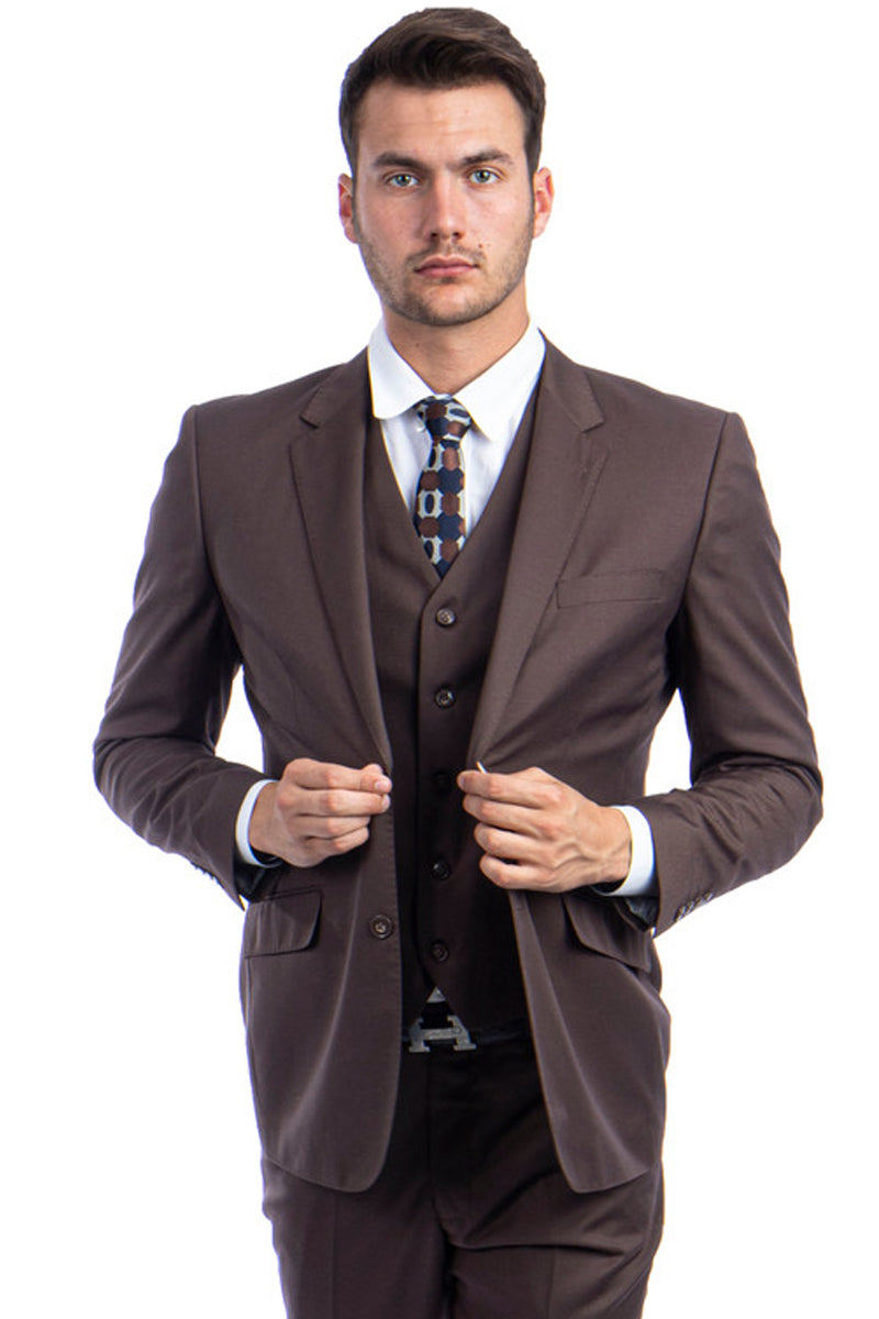 "Designer Men's Modern Fit Wool Suit - Two Button Vested in Cocoa Brown"