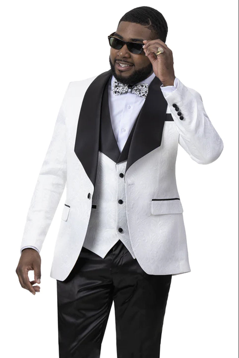 Mens Vested Square Shawl Paisley Prom & Wedding Tuxedo Jacket & Vest in White & Black - White / Black
