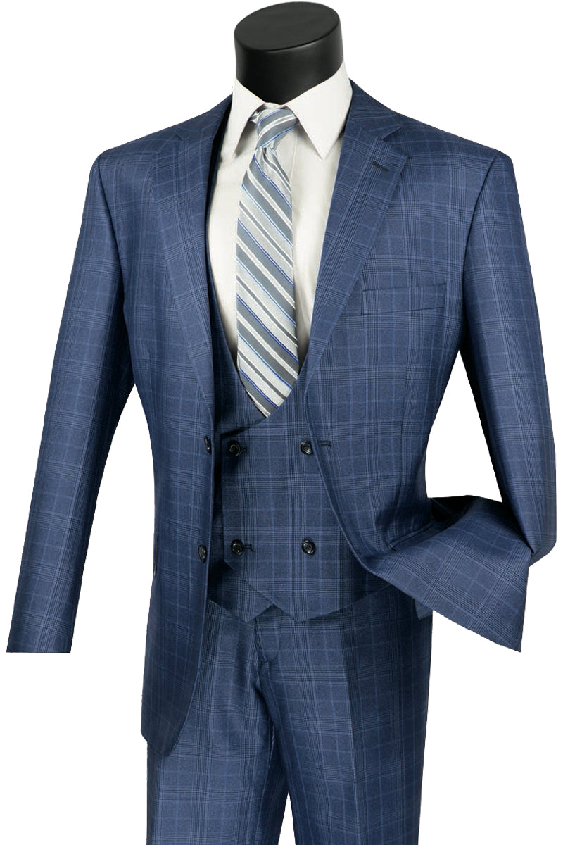 Mens Classic Fit Low Cut Vest Glen Plaid Suit in Blue - 36 Short
