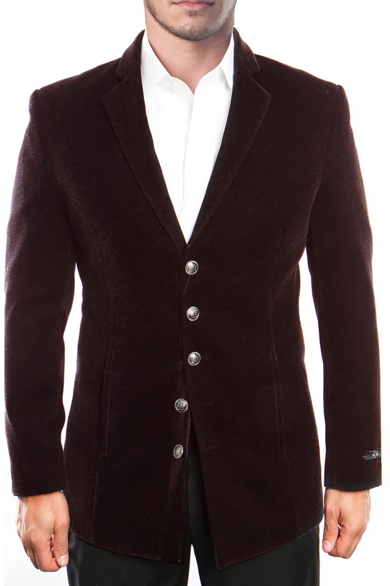 Men's Five Button Vintage Style Velvet Coat in Burgundy - 36 Short