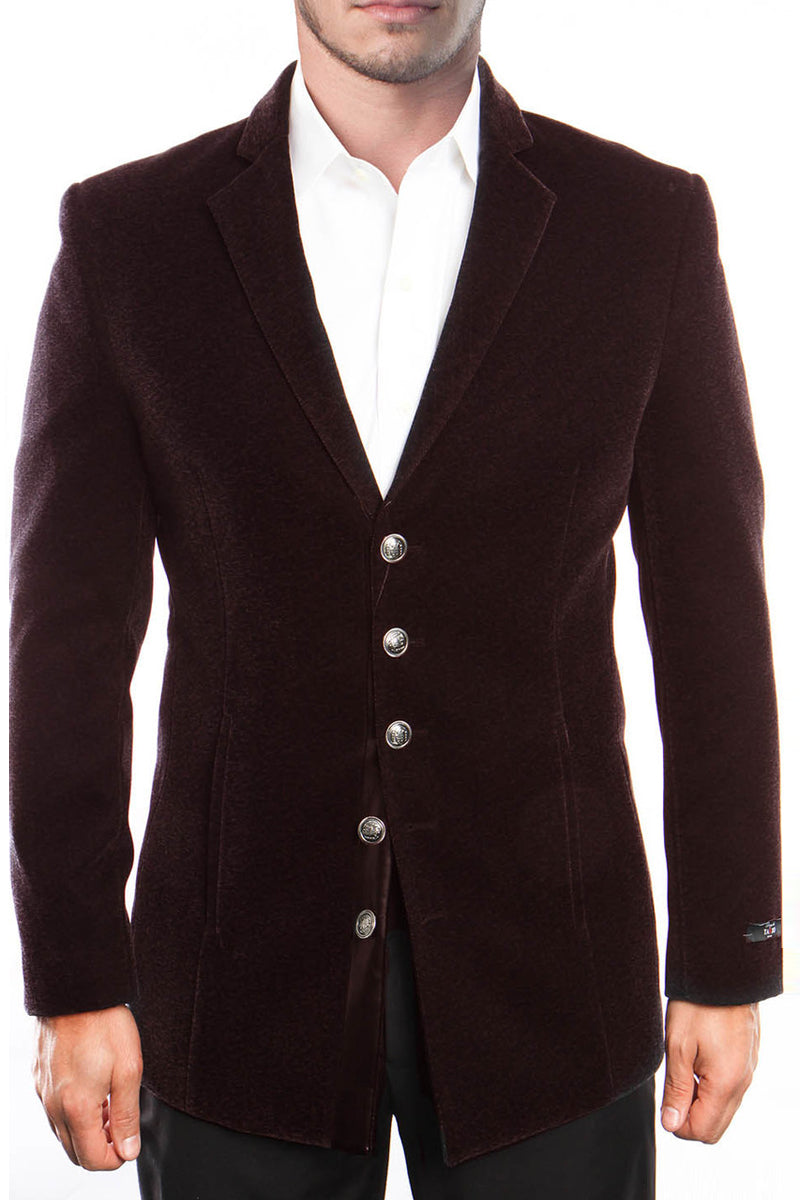 "Burgundy Velvet Vintage Style Men's Coat with Five Buttons"