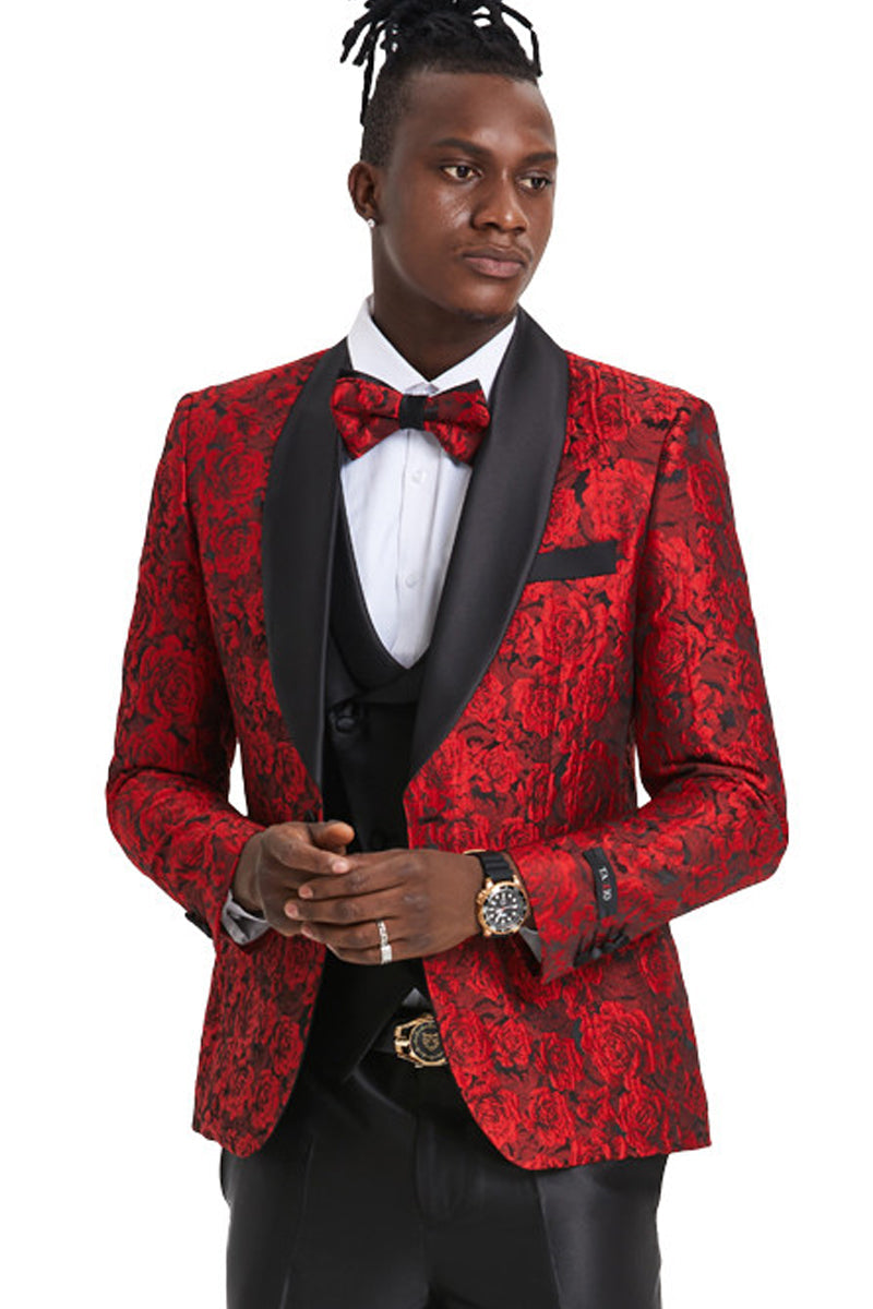 "Red Paisley Floral Men's Prom Tuxedo - Slim Fit One Button Vested"