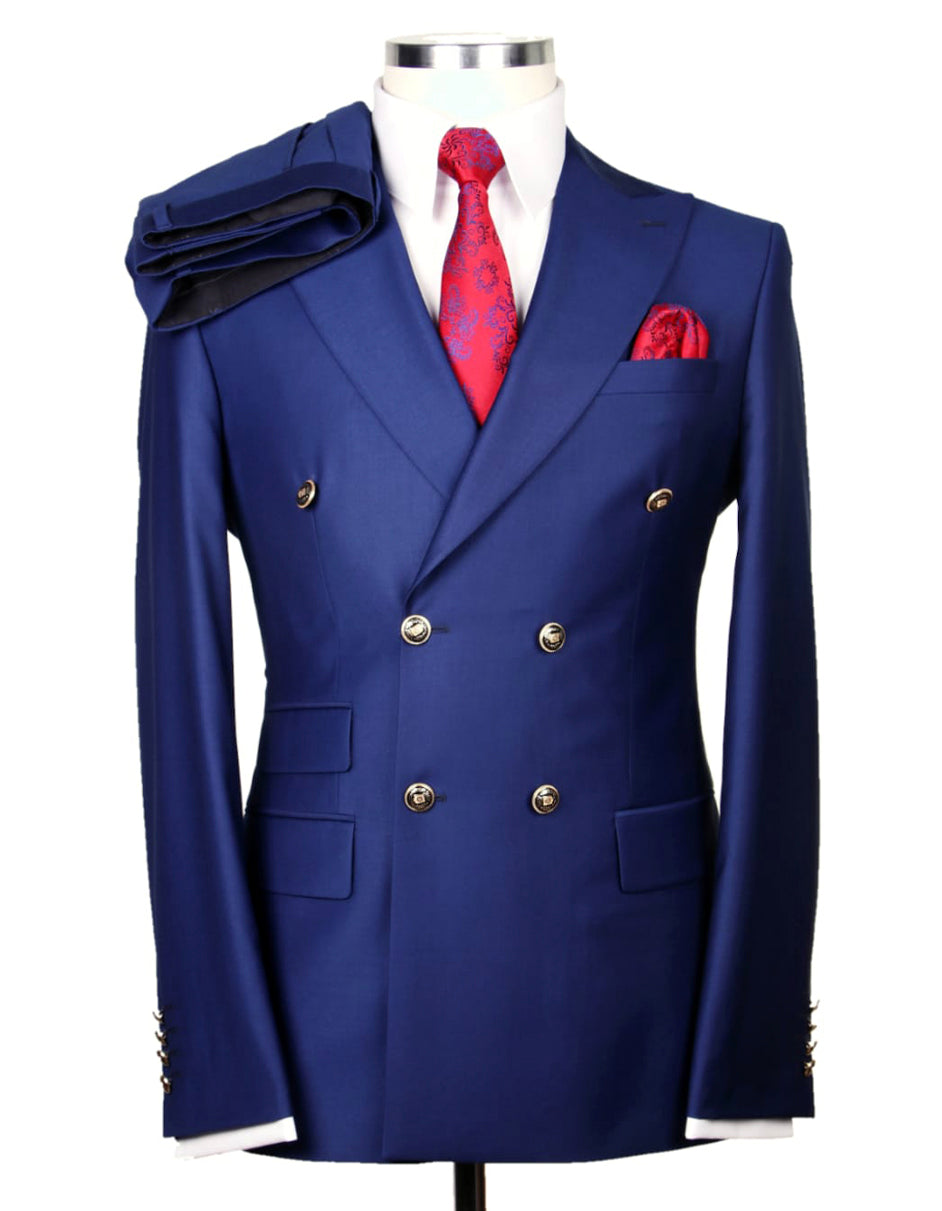 Mens Designer Modern Fit Double Breasted Suit with Gold Buttons in Indigo Blue - 34 Short or Extra Small