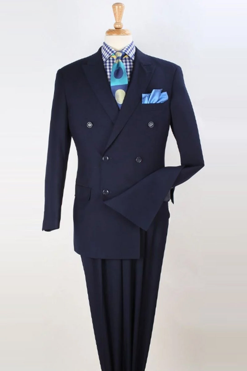 "Navy Men's Classic Double Breasted Luxury Wool Suit"