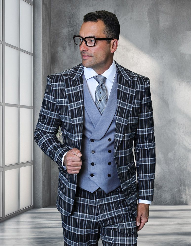 Saboo by Statement Mens Modern Fit 3 Piece 100% Wool Plaid Suit – Peak Lapel, Double Breasted Vest - 34 Short or Extra Small