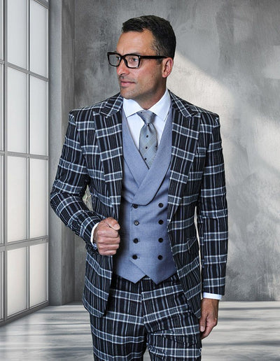 Saboo by Statement Mens Modern Fit 3 Piece 100% Wool Plaid Suit – Peak Lapel, Double Breasted Vest